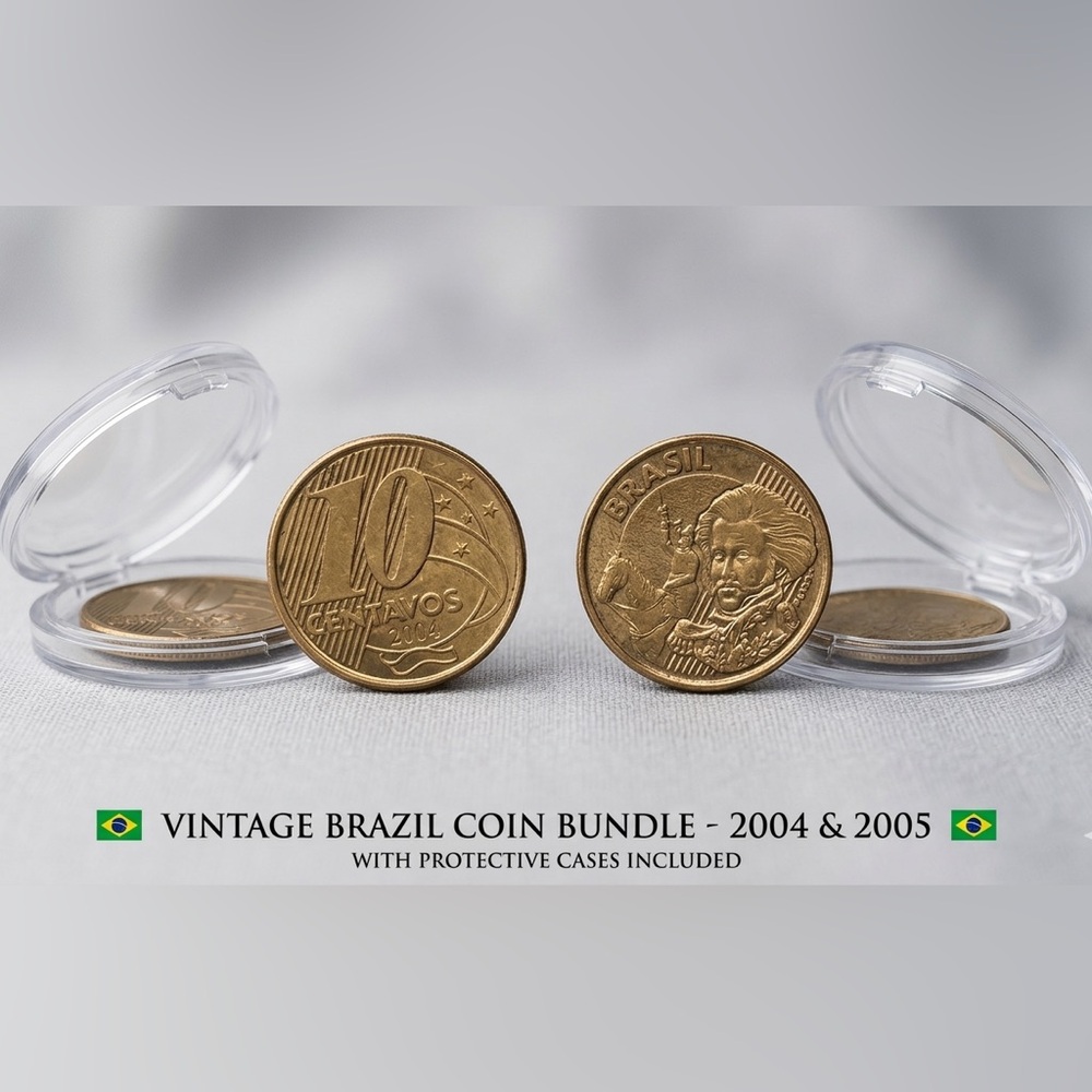Bundle: Vintage Brazil 10 Centavos Coins (2004 & 2005) + Cases